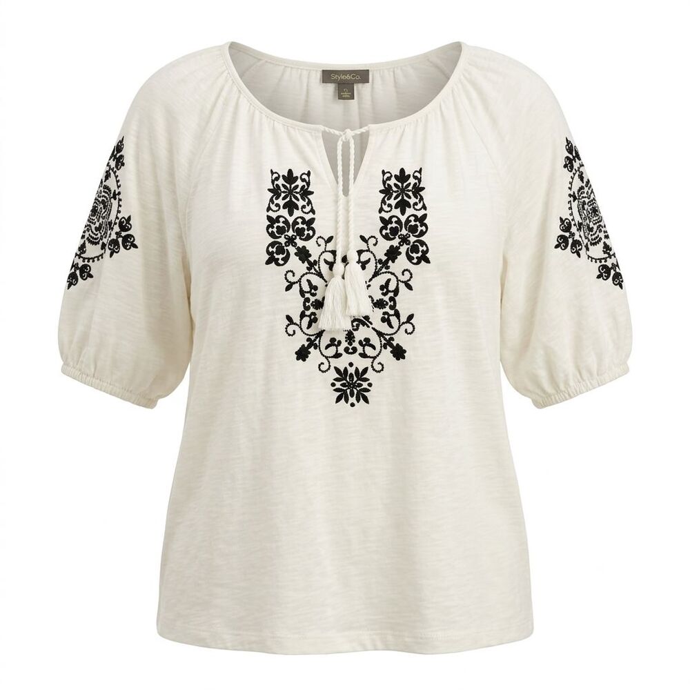 Style & Co. Women’s XL White Embroidered Tassel Tie V-Neck Boho Peasant Blouse
